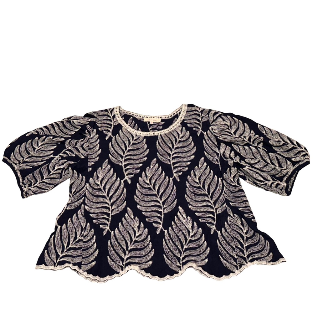Solitaire Navy and Cream Leaf Pattern Blouse